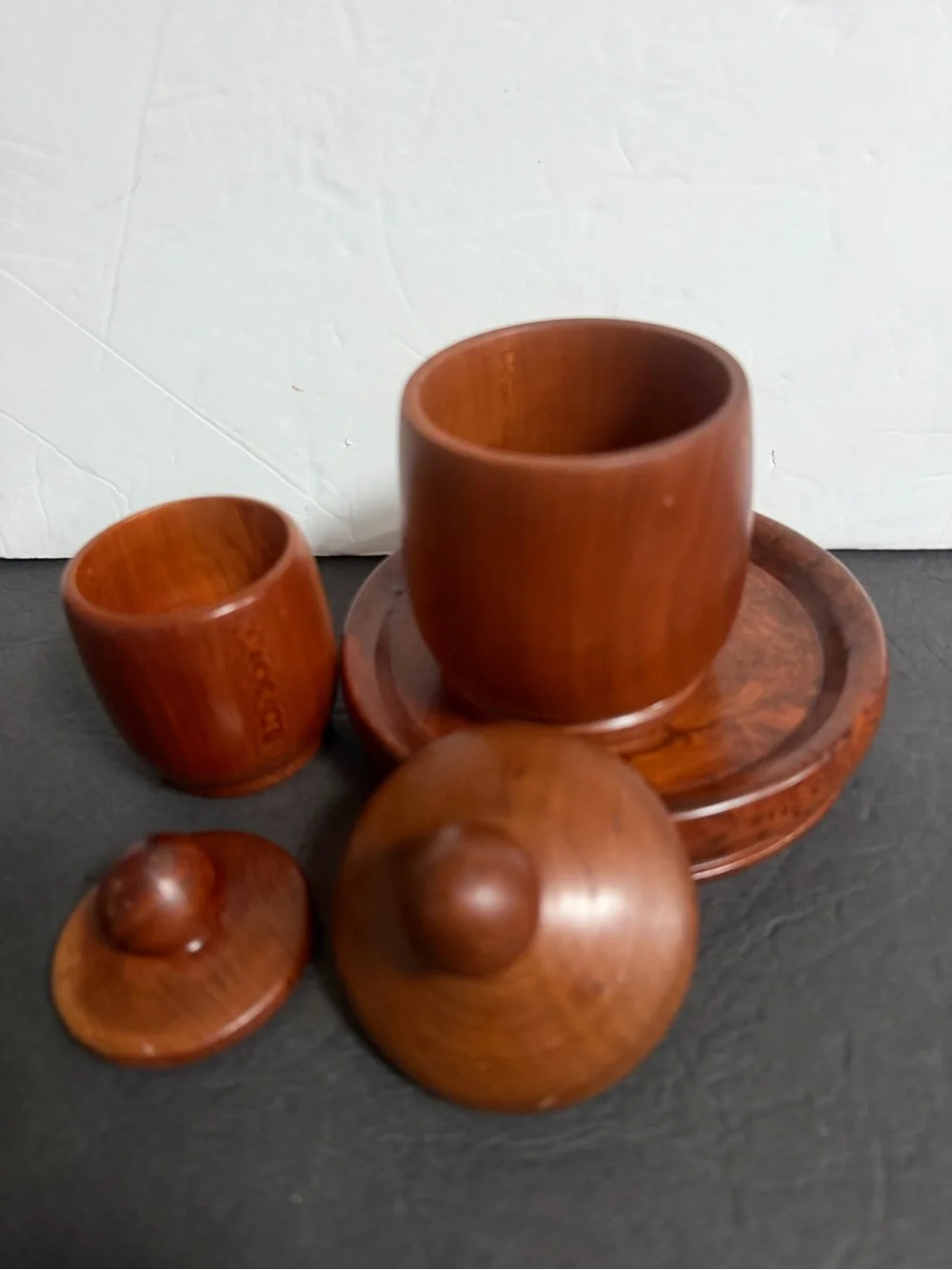 Set of Two Turned Wooden Canisters with Lids - Rich Brown